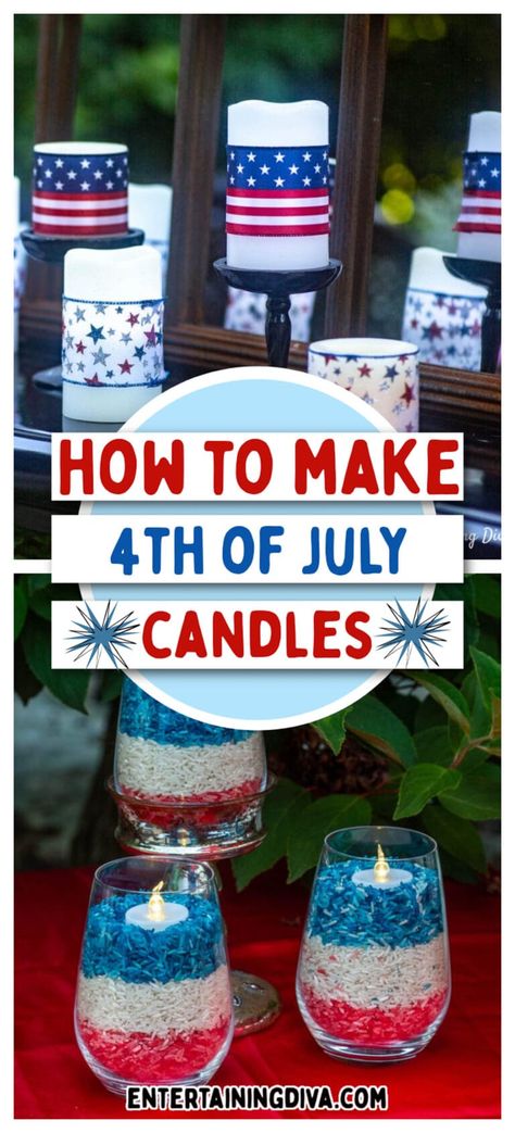 Want to create your own budget-friendly DIY home decor for a 4th of July party? This is an awesome, easy and super affordable guide on how to create your own themed 4th of July candles. It’s the most patriotic and simple table decoration or your Independence Day gathering! Patriotic Decor Ideas, Patriotic Table Decor, Patriotic Candles, Simple Table Decorations, Terrarium Candle, Summer Outdoor Decor, Candle Ribbon, Pearl Candle, Memorial Day Decorations