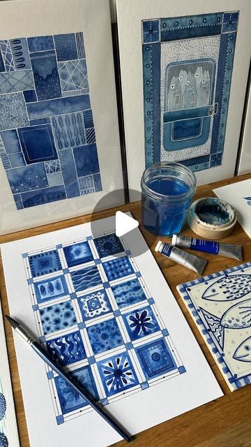 Kate Rebecca Leach on Instagram: "Prepping for Friday’s tile inspired workshops calls for the sweet melodies of Fleetwood Mac! Here I’ve used washi tape to layout a grid before painting alternate tiles plain and patterned! Watch til the end for the peel & reveal! Drop me a comment if you’d like Part two where I start to embellish! 💙🤍💙🤍💙

Paints @winsorandnewton
Brushes @panartglobal 
Artboard @dalerrowney1783 

#essoldodesign #printandpattern"