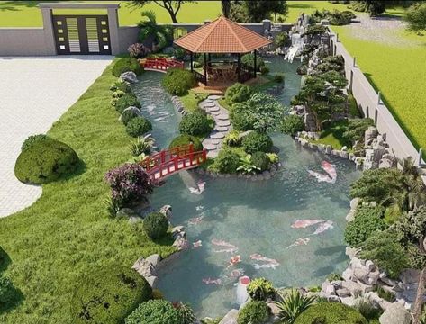 Japanese Koi Pond Design, Backyard Koi Pond Ideas, Japanese Koi Pond, Dröm Hus Planer, Koi Pond Backyard, Fish Ponds Backyard, Gardening Decor, Koi Ponds, Dream Life House