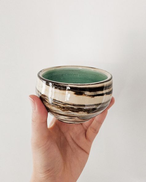 Obsessed with the form of this mini matcha bowl thrown with marbled clay. On the inside, it's glazed with True Celadon over Celadon White. #ceramics #pottery #ceramicglaze #marbledclay Marble Clay, Glaze Pottery, Marbled Clay, Matcha Bowl, Ceramics Pottery, Glazes For Pottery, Clay Pottery, Matcha, White Ceramics