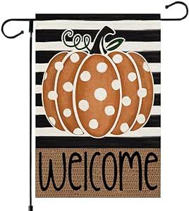 Fall Garden Flag 12x18 Inch Double Sided Small Burlap for Outside Welcome Stripes Polka Dots Orange Pumpkin Seasonal Yard Decoration #fallyall #fallflag #autumn #pumpkin Outside Thanksgiving, Decorative Flags Outdoor, Autumn Farmhouse, Fall Flags, Polka Dot Pumpkin, Burlap Pumpkins, Vintage Burlap, Fall Garden Flag, Welcome Banner