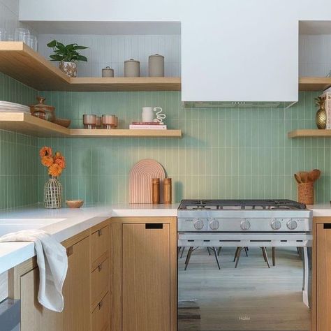 Zia Tile Kitchen, Eucalyptus Kitchen, 1960s Interior Design, Small Kitchen Design Ideas, Zia Tile, Stained Kitchen Cabinets, Funky Kitchen, Kitchen Environment, Small Kitchen Design