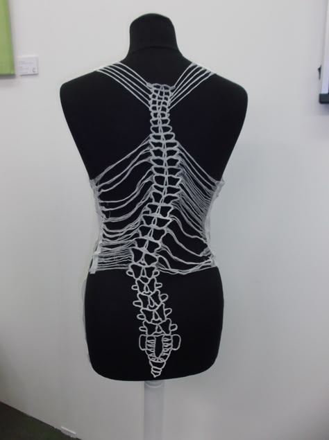 My scoliosis inspired conceptual garment; freehand embroidery on dissolvable fabric. Dissolvable Fabric, Monster High Skelita, Freehand Embroidery, Skelita Calaveras, Diy Vetement, Skeleton Skull, Archive Fashion, Long Shot, Mode Inspo