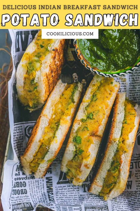 Potato Sandwich or Aloo Toast is an Indian street food that's flavorful and satisfying. Make this quick and easy vegan snack in just 20 minutes! It's not your average grill sandwich recipe. It's delicious and addictive! Vegetarian Sandwich Recipes Indian, Potato Sandwich Recipes, Indian Sandwich Recipes, Aloo Sandwich Recipe, Veg Sandwich Recipes, Street Food Ideas, Easy Vegan Snack, Grilled Sandwich Recipe, East Indian Food