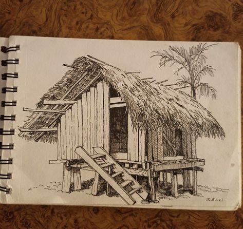 Narra Tree Philippines Drawing, Bahay Kubo Drawing Easy, Bahay Kubo Drawing, Hut Sketch, Hut Drawing, Typography Drawing, Landscape Pencil Drawings, Drawing Scenery, Pen Art Work