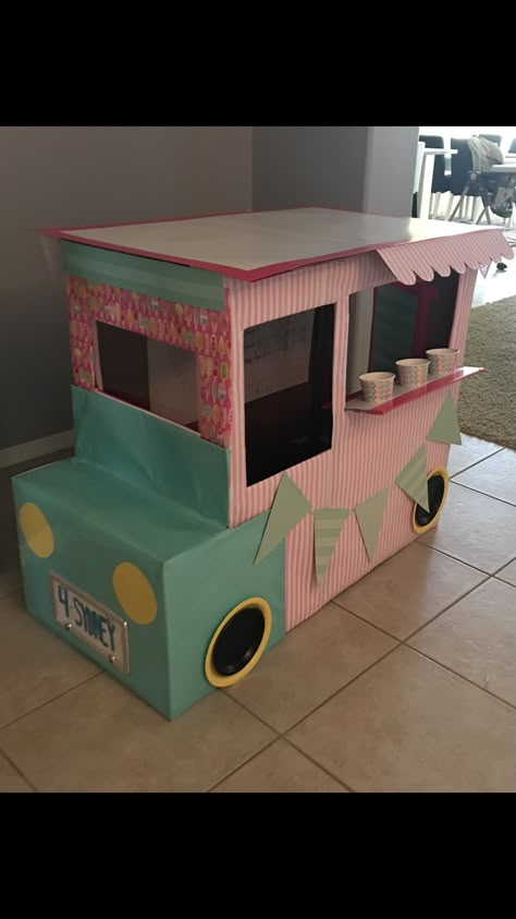 Ice Cream Truck Cardboard, Ice Cream Truck Dramatic Play, Cardboard Box Ice Cream Truck, Diy Ice Cream Truck Cardboard Boxes, Cardboard Box Car, Diy Lemonade Stand, Cardboard Playhouse, Cardboard Car, Truck Diy