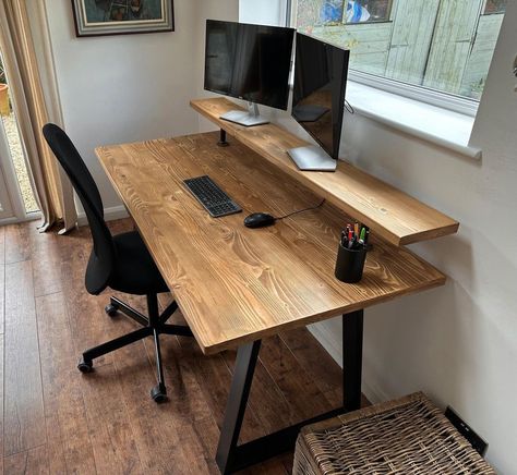 Two Desk Office, Real Wood Desk, Desk With Computer, Desk With Monitor Shelf, Desk With Monitor, Monitor Shelf, Live Edge Desk, Wood Desks, Custom Table Top