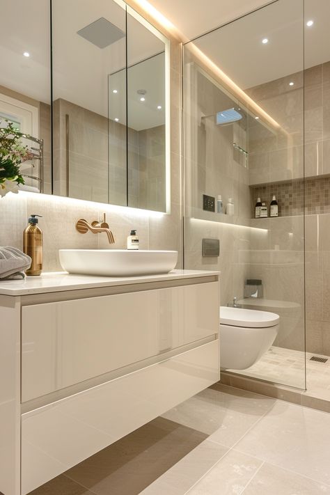 Transform Your Space: Explore This Sleek & Modern Bathroom Design! Luxurious White Bathroom, Elegant White Bathroom Ideas, Bathroom Inspo Minimalist, Cozy Shower Ideas, White Bathroom Gold Accents, Modern Sleek Bathroom, Spacious Bathroom Ideas, Minimalistic Bathroom Design, Bathroom Interior Minimalist