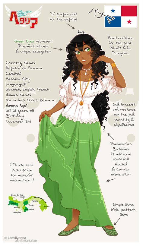 .:APH:. Panama OC by kamillyanna on DeviantArt Hetalia Oc, Oc Profile, Phantom Comics, Manga Clothes, Warrior Queen, Black Anime Characters, Green Pearls, Gold Birthday, My Oc