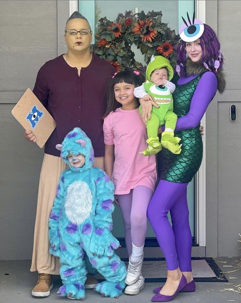 family dressed as monsters inc characters for halloween Family Monster Inc Costumes, Toddler And Baby Sister Halloween, Family Costume Ideas For 3 Disney, Cecilia Monsters Inc Costume, Family Halloween Costumes For 3 Toddler, Monsters In Costumes, Monsters Ink Family Costumes, Halloween Costumes Family 4, Halloween Costumes For 4 People Family