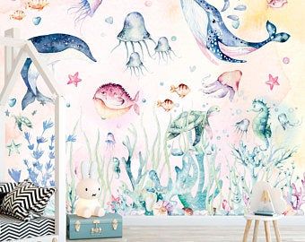 Kids Wallpaper Ocean Children for Little Divers with Fishes | Etsy Sea Murals, Underwater Wallpaper, Kindergarten Wallpaper, Ocean Room, Coral Wallpaper, Ocean Nursery, Murals For Kids, Whale Print, Kids Room Wallpaper