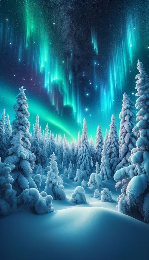 A breathtaking lock screen wallpaper depicting a dense forest of snow-covered pine trees under a spectacular northern lights display. The aurora borealis illuminates the star-filled night sky with shades of green and blue, casting a magical glow over the serene, snowy landscape. Winter Northern Lights, Northern Lights Wallpaper, Snowy Escape, Winter Wonderland Wallpaper, Beautiful Winter Pictures, Northern Lights Photography, Night Landscape Photography, Northern Lights Painting, Easy Landscape Paintings