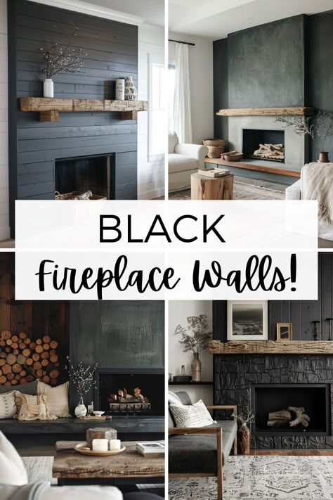 Elevate your home's ambiance with these 20+ black fireplace designs. Each one is crafted to bring both style and comfort to your living space. Black Accents Home Decor, Wallpaper Electric Fireplace, Black Fireplace Wall Wood Mantle, Mountain Modern Fireplace Wall, Dark Painted Fireplaces, Boring Fireplace Makeover, Cracked Pepper Fireplace, Black Rock Fireplace Stones, Fireplace Makeover With Hearth