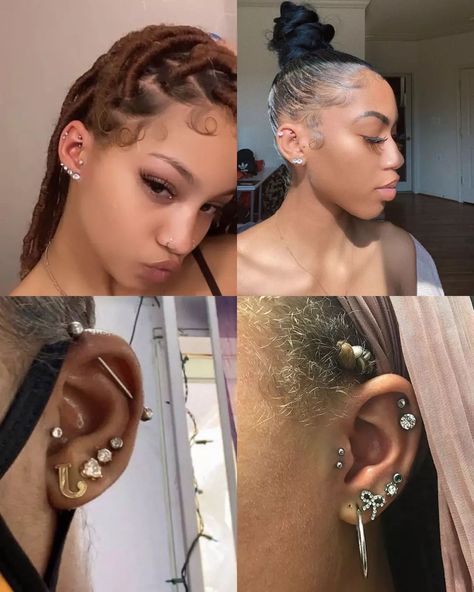 Baddie Piercing Ideas, Full Ear Piercings Aesthetic, Ear Percinings Ideas Black Women, Piercings Ear Black Women, Ear Piercing Black Women, Baddie Ear Piercings, Ear Piercing Ideas Baddie, Piercings On Black Women, Tragus Piercing Black Women