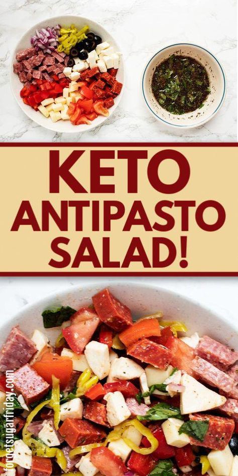 You are going to LOVE this easy keto recipe: Keto Antipasto Salad! It is so fresh, flavorful, and delicious and can be made with a handful of simple ingredients. It's a great keto appetizer or keto side dish and packed with a variety of delicious meats, cheeses, and keto vegetables and tossed in a delicious keto dressing accented with fresh basil. Serve also for keto lunch and keto dinner. Great low carb lunch and low carb dinner too! #KetoRecipes Keto Antipasto Salad, Keto Antipasto, Keto Dressing, Keto Side Dish, Keto Vegetables, Antipasto Salad, Keto Side, Resep Salad, Low Carb Salad