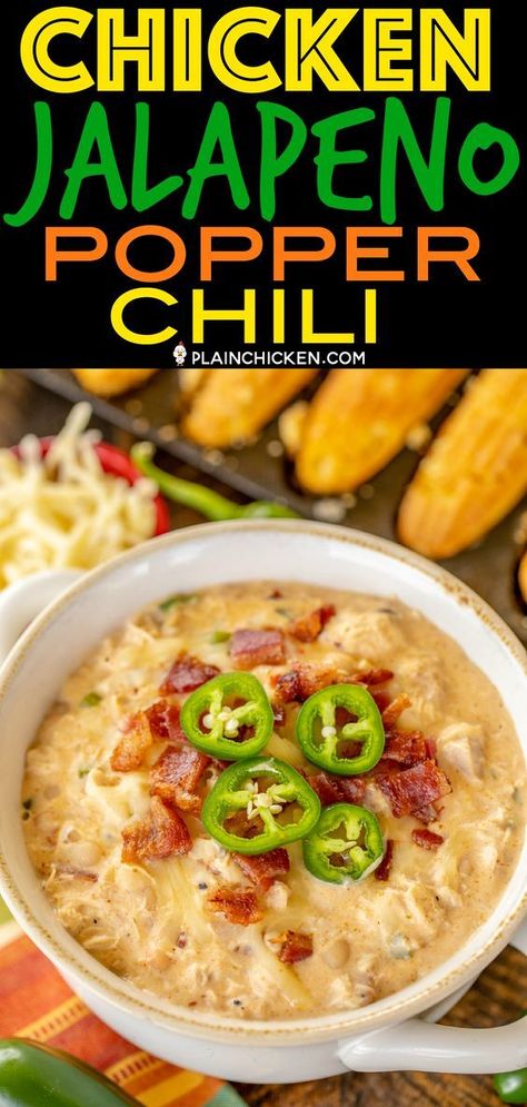 Jalapeno Popper Chili, Chicken Jalapeno Popper, Chicken Jalapeno, Chili Dinner, Chicken Soups, Jalapeno Chili, Jalapeno Recipes, Chili Chicken, Jalapeno Chicken