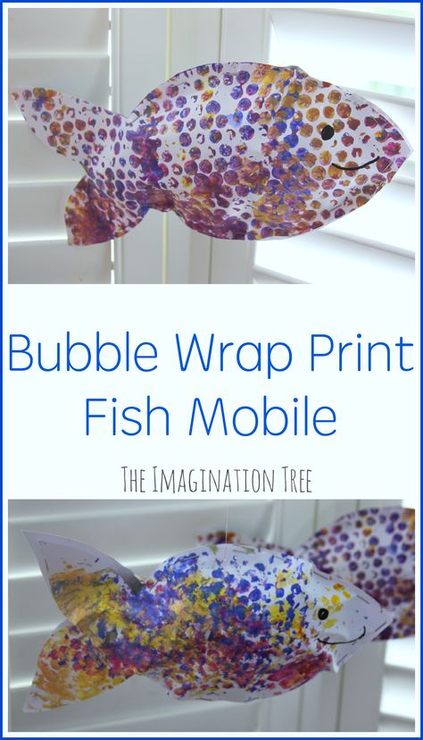 Make a bubble wrap print fish mobile for a fun, sea-side themed craft this summer! Ocean Kids Crafts, Bubble Wrap Crafts, Bubble Wrap Art, Preschool Ocean, Fish Mobile, Mobile Craft, Imagination Tree, Ocean Unit, Fun List