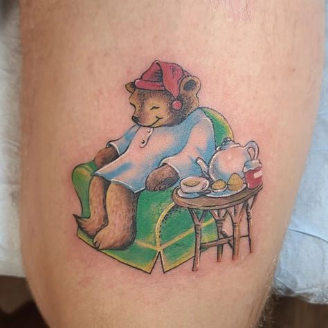 Sitting Bear Tattoo, Sleeping Bear Tattoo, Bear Ghost Tattoo, Old Teddy Bear Tattoo, Creepy Teddy Bear Tattoo, East Tattoo, Childhood Tattoos, Sleepy Time Bear, Sleepy Time Tea Bear