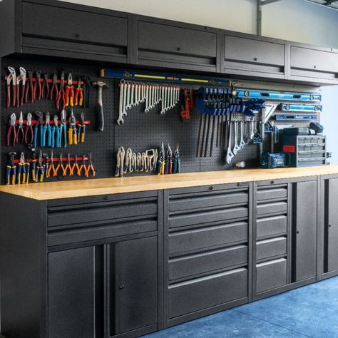 Pinnacle Hardware on Instagram: "There’s nothing more satisfying than the feeling of finally getting your garage organised 😍 With our Pro Series Storage Stations, we make the job of decluttering your garage that much easier. Pick your door/drawer combo’s and pair them with our Timber Bench Top Extension to create a seamless look. With key lockable drawers and cabinets, you can have peace of mind that your tools and accessories are being stored safe and securely 💪🛠️ Available now at @bunnings 🧰 #organisation #hardware #makeover #diyprojects #shed #bunningswarehouse #pinnaclehardware #diy #garage #homeprojects #tool #tools #toolsofthetrade #garagestorage #storage #organisation #hooks #garagehooks #pinnaclehardware #storage #pegboard" Storage Tools Organizing Ideas, Tool Case Storage Ideas, Garage Store Ideas, Small Tool Organization, Garage Tools Organization, Garage Tool Bench, Tool Room Organization, Garage Tool Organization Ideas, Organised Garage