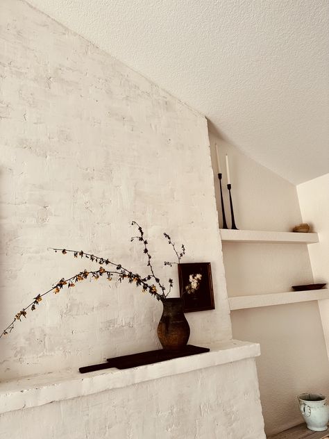 limewash over brick fireplace Limewash Brick Interior Wall, Lime Wash Stone Fireplace, Fireplace Limewash, Limewash Brick Fireplace, Limewash Fireplace, Room Inspiration Minimalist, Boho Minimalist Living Room, Ottawa House, Light Fireplace