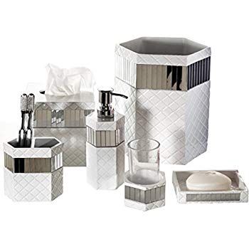 Amazon.com: Creative Scents Quilted Mirror Bathroom Accessories Set, 6 Piece Bath Set Collection Features Soap Dispenser, Toothbrush Holder, Tumbler, Soap Dish, Tissue Cover, Wastebasket: Gateway White Bathroom Accessories Set, Bathroom Counter Organization, Silver Bathroom, White Bathroom Accessories, Bathroom Accessories Set, Bathroom Tissue, Mirror Bathroom, Bathroom Decor Sets, Soap Pump Dispenser