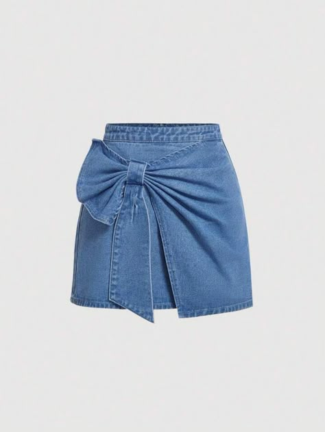 SHEIN MOD Women'S High Waisted Denim Mini Skirt With Bowknot Decoration, Blue | SHEIN Ella Outfit, Jeans Corset, Upcycling Jeans, Girls Denim Skirts, Ankara Dress Designs, Skirt Outfits Summer, Butterfly Skirt, Classy Short Dresses, Trousers Women Wide Leg