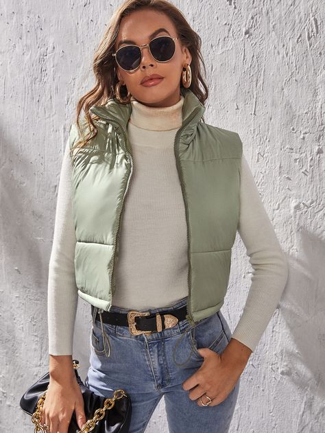 Mint Jacket Outfit, Green Gilet Outfit, Waistcoat Women Outfit, Bubble Jacket Outfit, Sleeveless Puffer Jacket Outfit, Mint Green Jacket, Mint Green Outfits, Gilet Outfit, Green Jacket Outfit