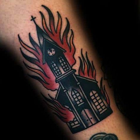 Burn Tattoo, Church Tattoo, Burning Church, Male Tattoos, Hippie Tattoo, Tattoo Old School, Traditional Tattoo Sleeve, Fire Tattoo, Metal Tattoo