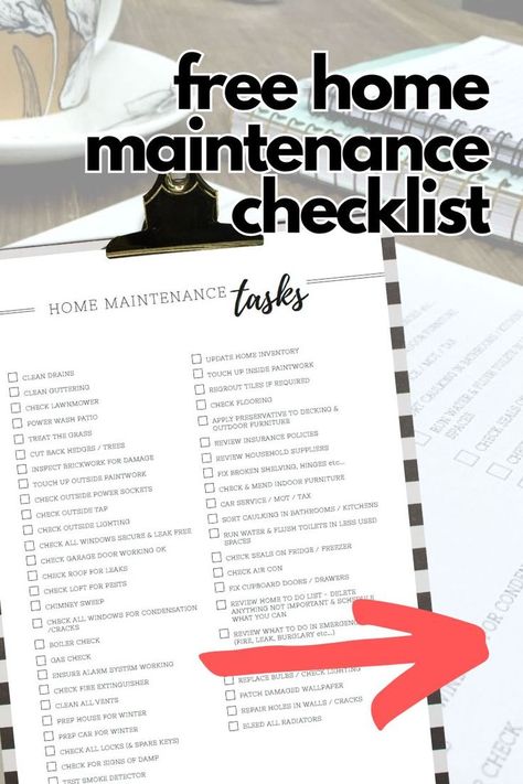 Simplify your home upkeep with our home maintenance checklist free printable (keep it in your household binder for ease). This blog post offers a comprehensive guide to essential tasks, broken down by monthly, seasonal, and yearly schedules. Perfect for new homeowners and anyone looking to keep their house in top condition effortlessly. Download your free checklist and start maintaining your home the smart way. Household Items Checklist, Chores Ideas, Home Maintenance Schedule, Simplify Your Home, Household Binder, Home Maintenance Checklist, Home Binder, Maintenance Checklist, New Home Owners