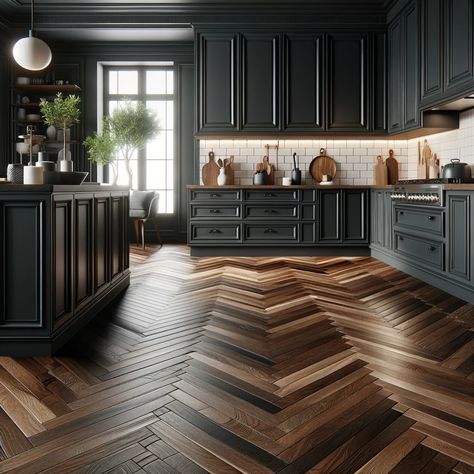 dark kitchen cabinets with Dark Walnut Herringbone Pattern Hardwood floors Walnut Flooring Kitchen, Herringbone Wood Floor Kitchen, Parquet Flooring Kitchen, Dark Walnut Floors, Dark Kitchen Floors, Dark Brown Kitchen, Black Walnut Flooring, Flooring Options Durable, Kitchen Slab