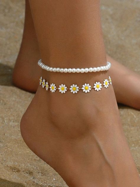 2pcs/Set Fashionable White Pearl & Yellow Daisy Flower Anklet Set, Suitable For Daily Wear, Vacation, And Summer Beach ActivitiesI discovered amazing products on SHEIN.com, come check them out! Trendy White Daisy Shaped Jewelry, Yellow Flower Bracelet For The Beach, Daisy Anklet, Trendy White Daisy-shaped Jewelry, White Daisy-shaped Spring Jewelry, Yellow Daisy Flower, Daisy Flower, Summer Beach, Pearl White