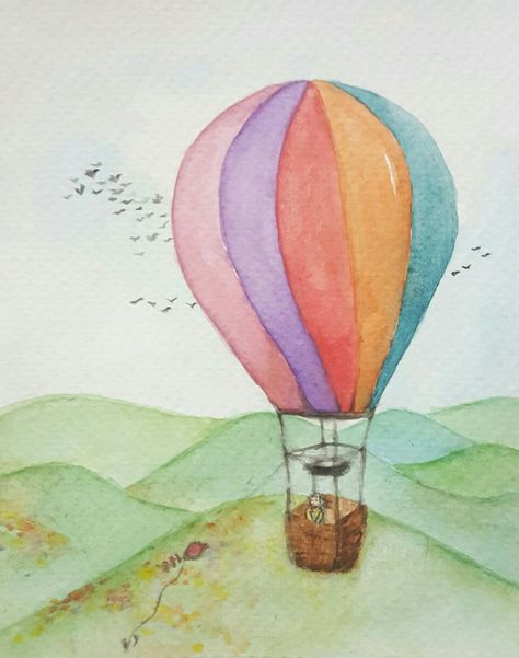 Flight by rachelslilac Tags: hot air balloon sky watercolour paint illustration paint Hot Air Balloon Chalk Art, Hot Air Balloons Drawing, Hot Air Baloons Drawings, Hot Air Balloon Artwork, Hot Air Balloon Painting Easy, Watercolour Hot Air Balloon, Hot Balloon Drawing, Water Color Painting Ideas For Beginners Step By Step, Watercolour Painting Ideas Easy