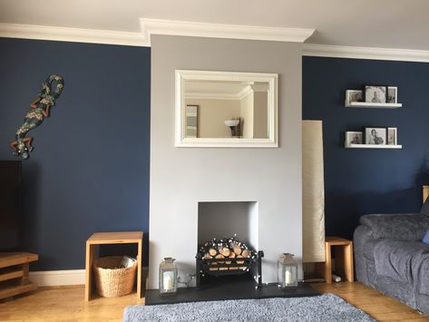 Breton blue dulux paint on wall, cosy grey wilkos paint on chimney breast. Breton Blue Dulux Paint, Dulux Breton Blue, Chimney Feature Wall Living Rooms, Living Room Feature Wall Fireplace, Chimney Feature Wall, Dulux Blue Grey Paint, Grey And Blue Walls, Blue And Grey Painted Walls, Painted Feature Wall Living Room