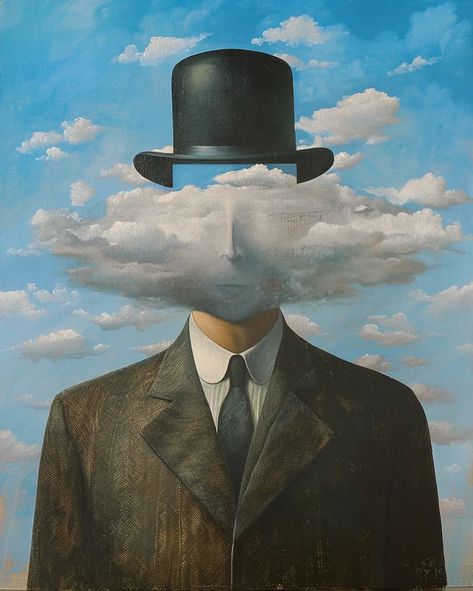 The painting is of a man wearing a bowler hat and a suit. His face is obscured by a cloud ->> more details in ai-img-gen.com Man In Suit Painting, Man In A Bowler Hat, Painting Of A Man, Surrealist Painting, Sewing Machine Drawers, Weird West, Bowler Hat, Golden Boy, Image Generator