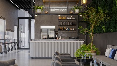 Wellness Bar Ideas, Modern Juice Bar Design, Gym Juice Bar Design, Juice Bar Restaurant, Cafe Juice Bar, Gym With Greenery, Small Juice Bar Design Ideas, Gym Smoothie Bar Design, Luxury Juice Bar