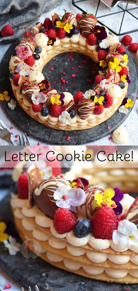 A Vanilla Shortbread Cookie, with Vanilla Buttercream Frosting, and all the Delicious Decoration… The Letter Cookie Cake is perfect for Birthdays and all Occasions! Letter Cookie Cake, Shortbread Cake, Letter Cookie, Vanilla Shortbread, Alphabet Cake, Janes Patisserie, Sugar Cookie Cakes, Cake Lettering, Fruit Cookies