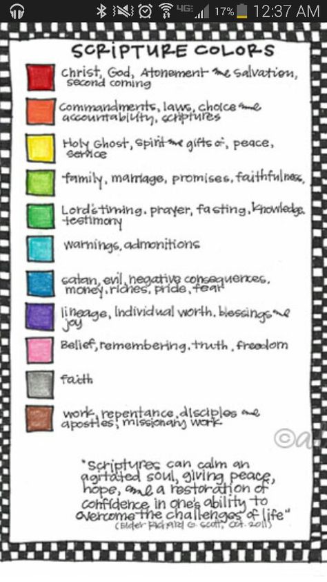 Color Coding Scriptures! "Scriptures can calm the agitated soul, giving peace, hope, and a restoration of confidence in ones ability to overcome the challenges of life." Bible Color Coding, Scripture Marking, Mormon Scriptures, Scripture Study Lds, Lds Scriptures, Scripture Coloring, Verse Mapping, Coloring Books For Adults, Bible Study Methods