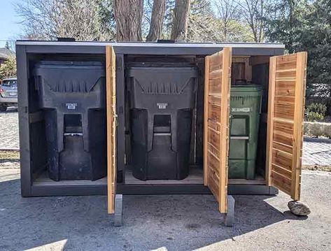 Redwood Sheds | Sheds for Garbage Bins, Recycling Bins and Green Bins - Large Triple Bin Shed (Opening Lids) Outdoor Garbage Storage, Garbage Shed, Bin Shed, Garbage Storage, Green Bin, Lobby Interior Design, Privacy Fence Designs, Bin Store, Storage Sheds