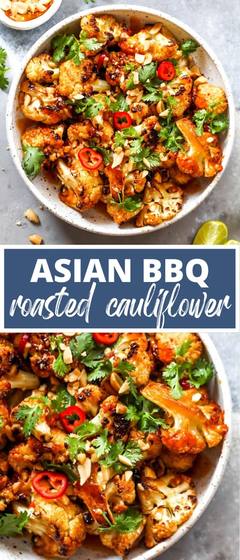 Asian Roasted Cauliflower Recipes, Bbq Roasted Cauliflower Bowl, Sweet Thai Chili Cauliflower Bites, Asian Roasted Cauliflower, Asain Cauliflower Recipes, Asian Bbq Side Dishes, Thai Cauliflower Recipes, Healthy Asian Sides, Asain Food Recipe Vegetarian