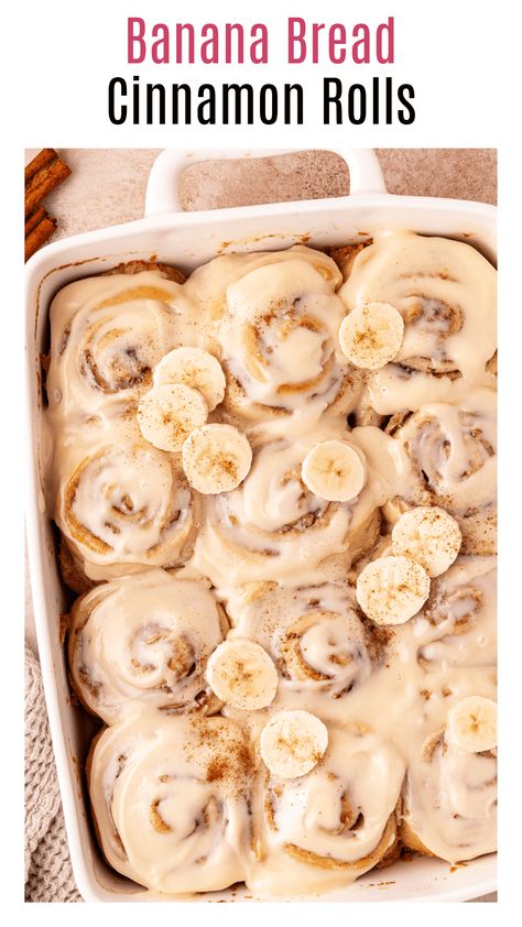 These banana bread cinnamon rolls are made with an easy yeast dough made with fresh banana. The rolls get rolled up with brown sugar, cinnamon, and even more sliced bananas! I top them with cream cheese frosting for the best brunch treat. You can assemble these day before baking too! Banana Cinnamon Rolls, Banana Bread Cinnamon Rolls, Banana Bread Cinnamon, Bread Cinnamon Rolls, Date Food, Bread Cinnamon, Yeast Dough, Calico Critter, Date Recipes