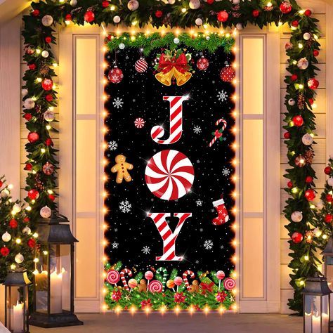 PRICES MAY VARY. Polyester Christmas Decorations for Home : You will receive 1 pieces of Joy Christmas door cover coming with LED lights, Merry Christmas decortions backdrop is designed in black background and Christmas candy JOY element, nice combination and attractive decorations for satisfying your indoor outdoor Christmas decorations demands, easily stands out to catch everyone's eye(Note: the batteries are not included.) Suitable Size : The Christmas Joy decoration banner measures approx. 1 Candy Door Decorations, Christmas Joy Decorations, Christmas Door Cover, Led Lights Christmas, Theme Carnaval, Holiday Door Decorations, Christmas Door Decorating Contest, School Door Decorations, Door Decorating Contest