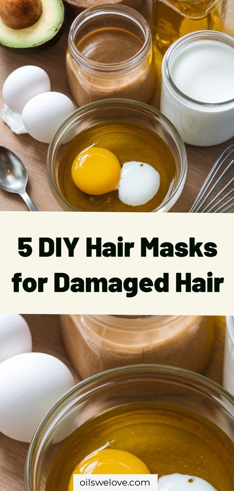 5 DIY Hair Masks for Damaged Hair - Transform your locks with these easy homemade hair treatments using natural ingredients. Say goodbye to dry and damaged hair with these simple DIY hair mask recipes. #DIYhairmasks #haircare #naturalhaircare Natural Hair Treatments For Damaged Hair, Mask For Hair Damage, Hair Mask For Glowing Hair, Strengthening Hair Mask, Hair Hydrating Mask Diy, Hair Mask Recipe For Damaged Hair, Diy Hair Cleanser, Prewash Hair Mask Diy, At Home Moisturizing Hair Mask