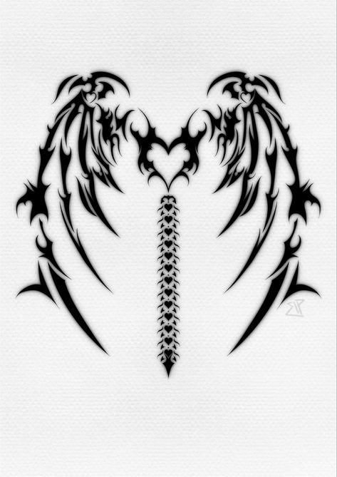 Succubus Wings Back Tattoo, Spine Shirt Design, Spine Heart Tattoo, Y2k Wings Drawing, Succubus Wings Tattoo, Heart Wings Tattoo Design, Spine Tattoos Wings, Heart Spine Tattoo, Cybersigilism Wings