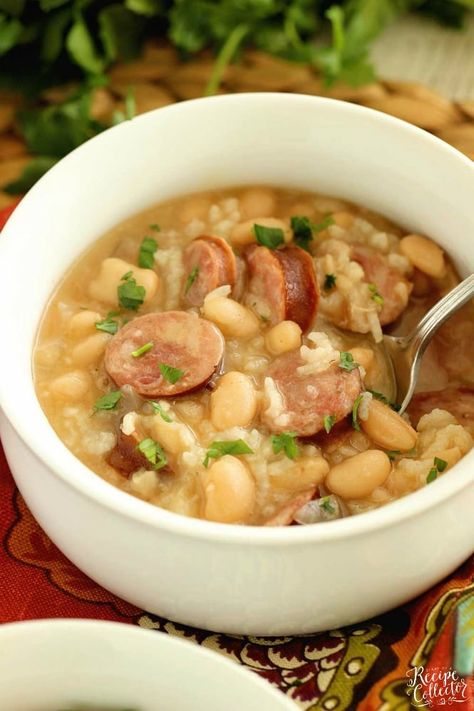 Instant Pot White Beans, Sausage, and Rice - Diary of A Recipe Collector White Beans And Sausage Recipe, Instant Pot White Beans, White Beans And Rice, Sausage White Bean Soup, Bean And Sausage Soup, Sausage And Rice, Sausage Crockpot, White Bean Recipes, White Bean Soup Recipes