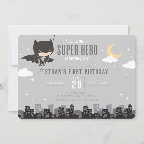 Batman Super Hero First Birthday Invitation | #dccomics #superhero #cartoon #superhero #batman #cute #sweet #firstbirthday #kidsbirthday #superherobirthday Batman Cute, Super Hero Baby Shower, Batman Baby Shower, Super Hero Baby, We Are Over The Moon, Batman Baby, Superhero Baby Shower, Superhero Birthday Invitations, Top Gifts For Kids