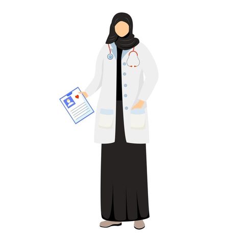 Arab female doctor flat vector illustration. Saudi woman in medical white coat and hijab. Muslim physician, general practitioner. Arabic medic, therapist cartoon character isolated on white Therapist Cartoon, General Practitioner, Flat Vector Illustration, Female Doctor, Flat Vector, White Coat, Cartoon Character, Cartoon Characters, Vector Illustration