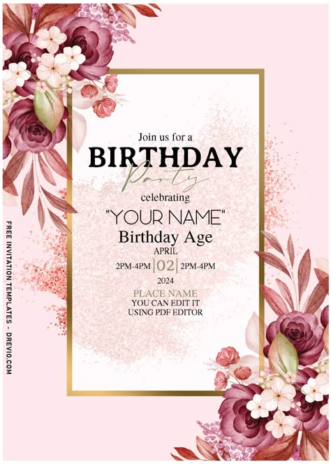 Birthday Template Invitation, Bday Template, 60 Th Birthday, Online Birthday Invitations, Flower Birthday Invitations, Birthday Card Template Free, Free Invitation Cards, Unique Birthday Invitations, Happy Birthday Invitation