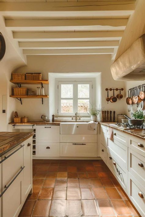 Saltillo Kitchen Floor, Mediterranean Kitchen Floor, Spanish Galley Kitchen, Kitchen Interior Spanish, Clay Tile Kitchen Floor, Kitchen Cased Opening, Spanish Villa Kitchen Hacienda Style, Light Tile Floor Kitchen, Terracota Kitchen Design