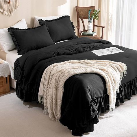 Amazon.com: Queen's House Black Ruffled King Size Comforter Set,Farmhouse Lightweight Fluffy Boho Chic Bedding Comforter,Ultra Soft Microfiber Inner Fill Bedding : Home & Kitchen Country Bedding Sets, Bedding Color, Boho Chic Bedding, Rustic Boho Living Room, Ruffle Comforter, Black Bed Set, Shabby Farmhouse, Black Comforter, Bedding Comforter