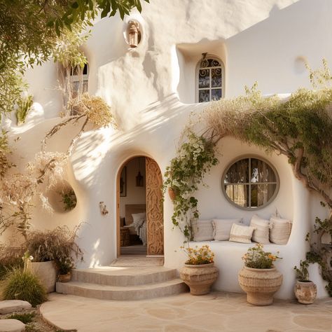 Earthship Exterior, White Adobe House, Luxury Cob House, Two Story Adobe House, 2 Story Cob House, Mideterranean House Aesthetic, Rustic Outdoor Spaces, Organic House, Jungle House